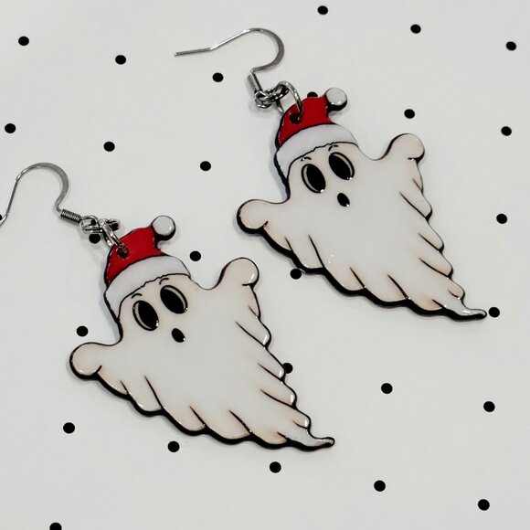 Santa Hat Ghost Earrings Stainless Steel Hooks Halloween On Christmas NEW - Picture 2 of 6